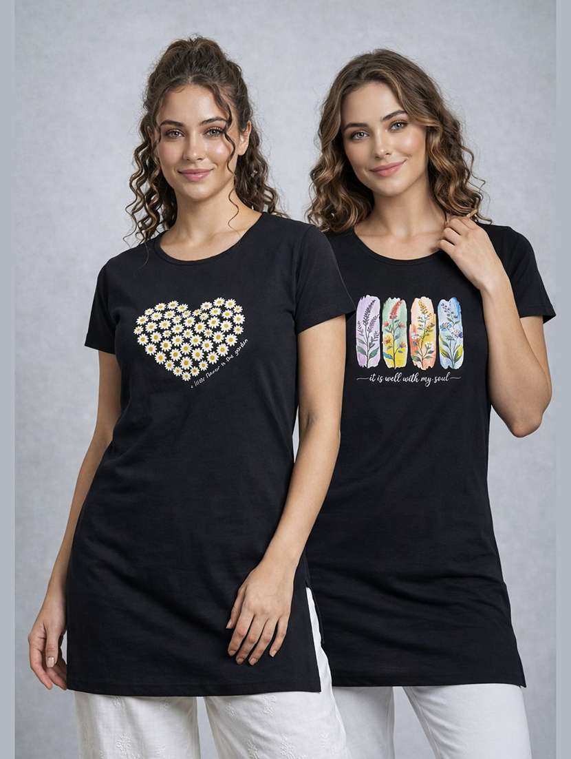 women pack of 2 printed round neck lounge-tshirt