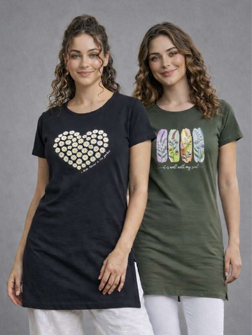 women pack of 2 printed round neck lounge-tshirt