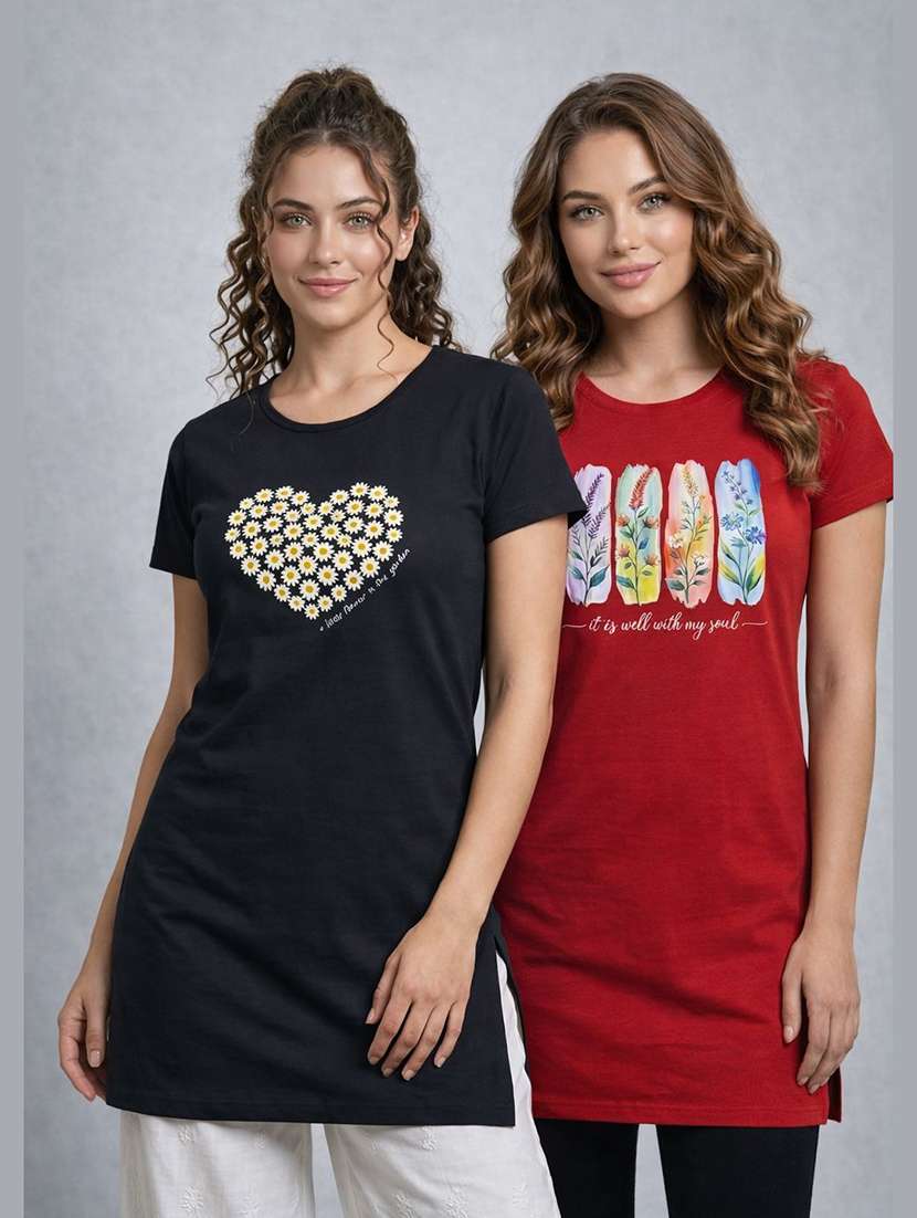women pack of 2 printed round neck lounge-tshirt