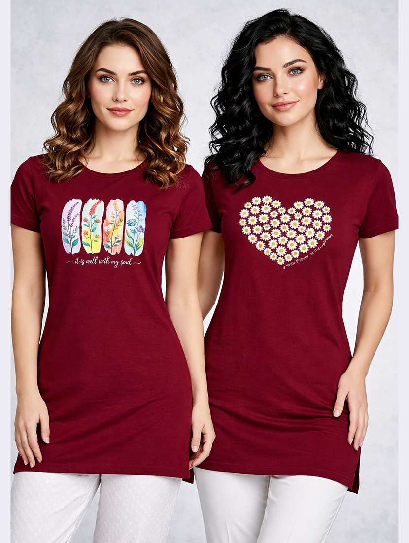 women pack of 2 printed round neck lounge-tshirt