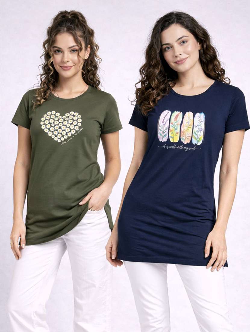 women pack of 2 printed round neck lounge-tshirt