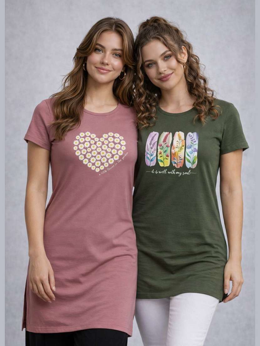 women pack of 2 printed round neck lounge-tshirt