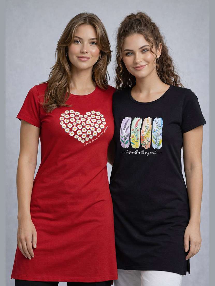 women pack of 2 printed round neck lounge-tshirt