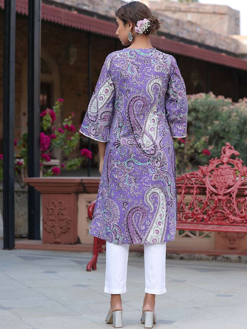 women lavender cotton blend straight kurta - 22465768 -  Standard Image - 3
