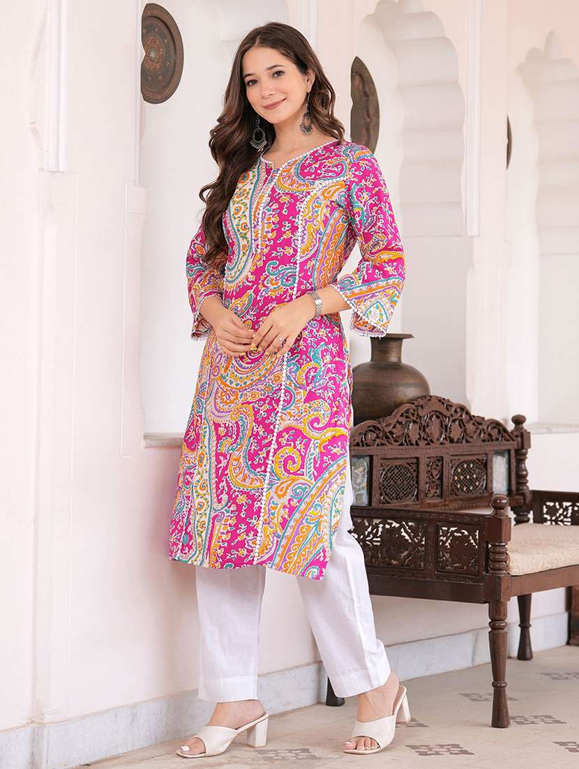 women pink cotton blend straight kurta