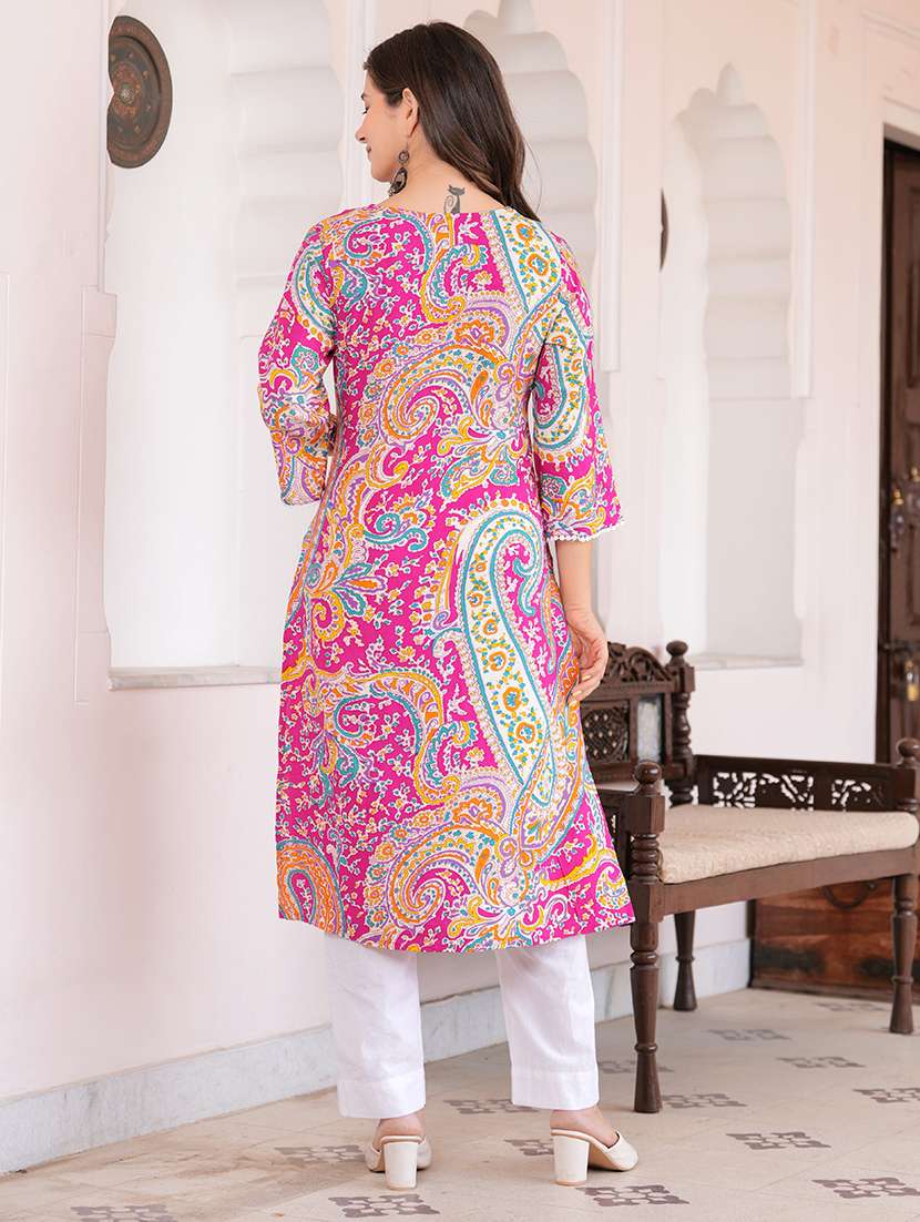 women pink cotton blend straight kurta - 22465773 -  Standard Image - 3