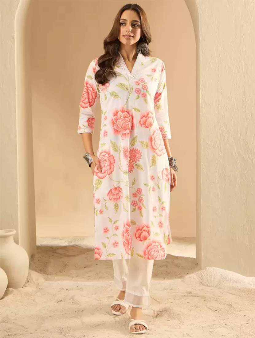 women beige cotton blend straight kurta
