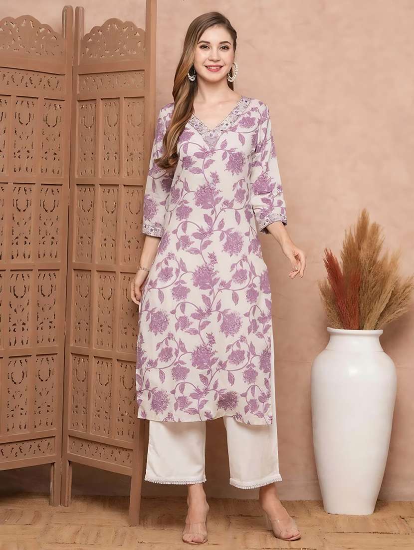 women purple cotton blend straight kurta