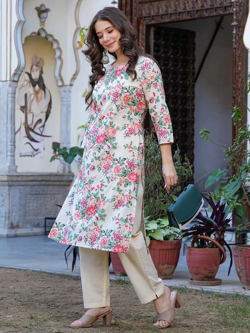 women cream cotton blend straight kurta - 22465778 -  Standard Image - 3