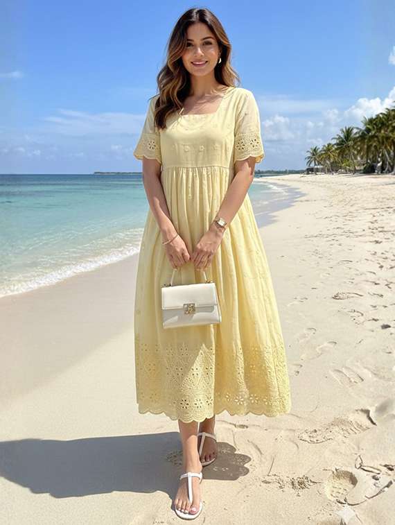 women yellow cotton blend gown dress