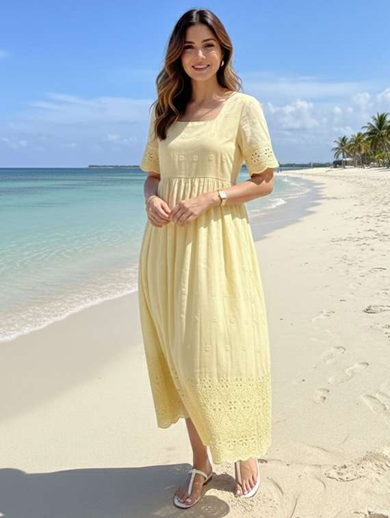 women yellow cotton blend gown dress - 22465784 -  Standard Image - 3