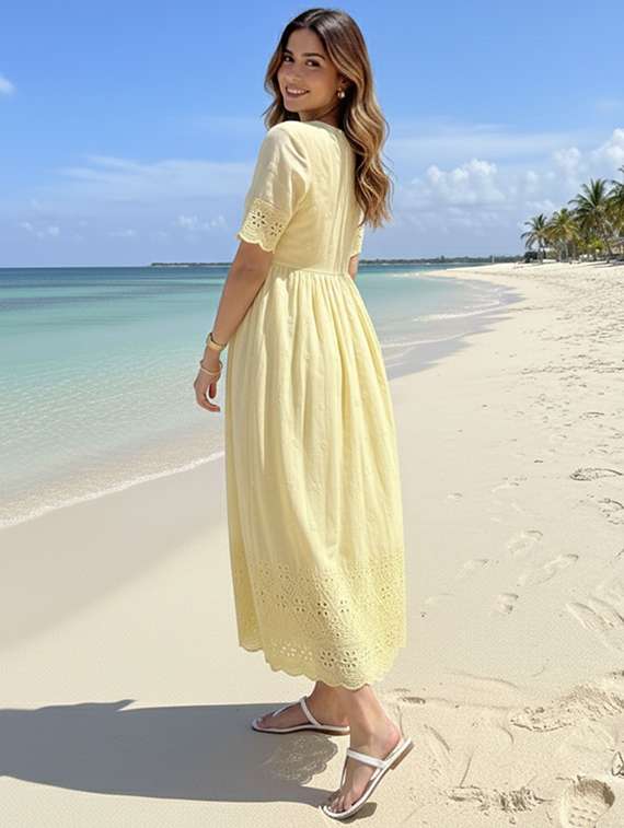 women yellow cotton blend gown dress - 22465784 -  Standard Image - 5