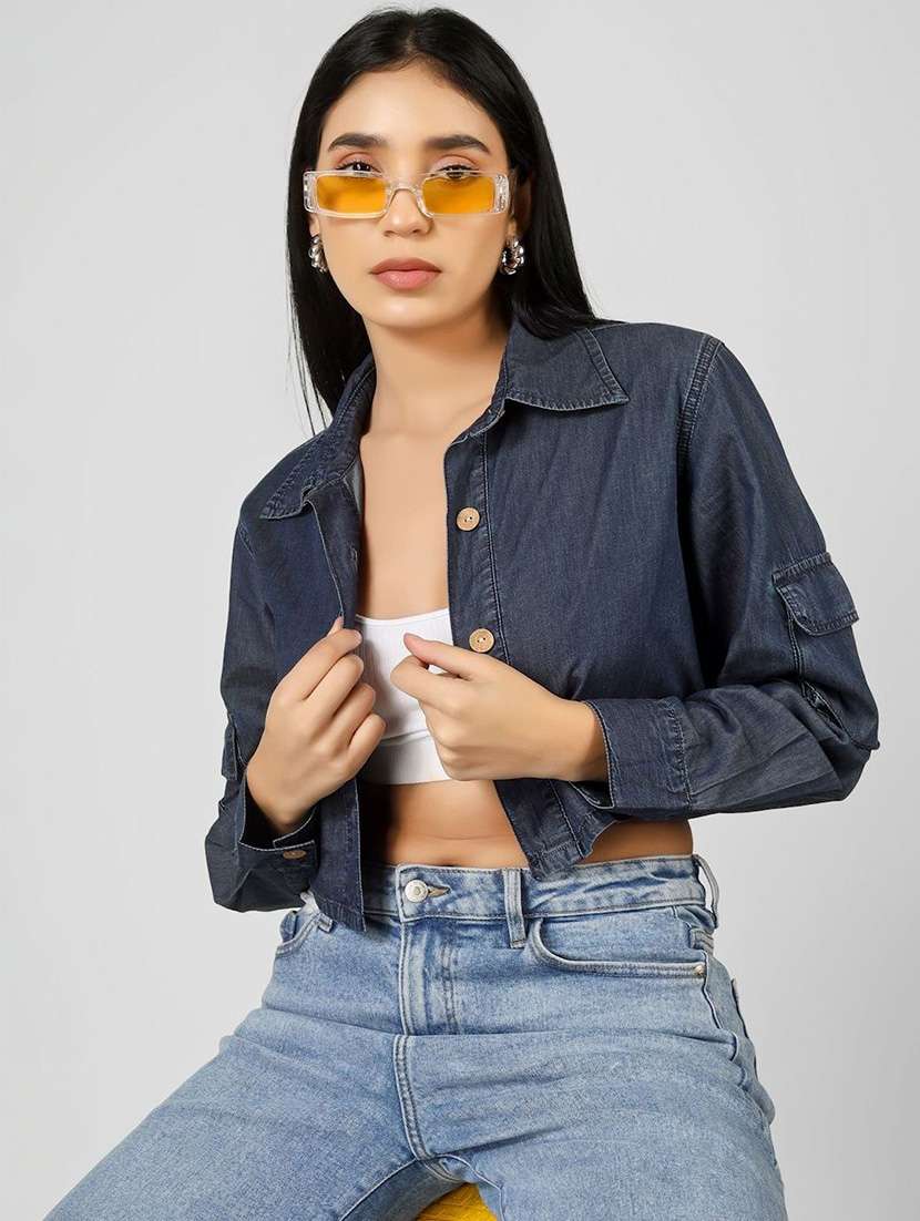 women solid long sleeve crop denim shirt