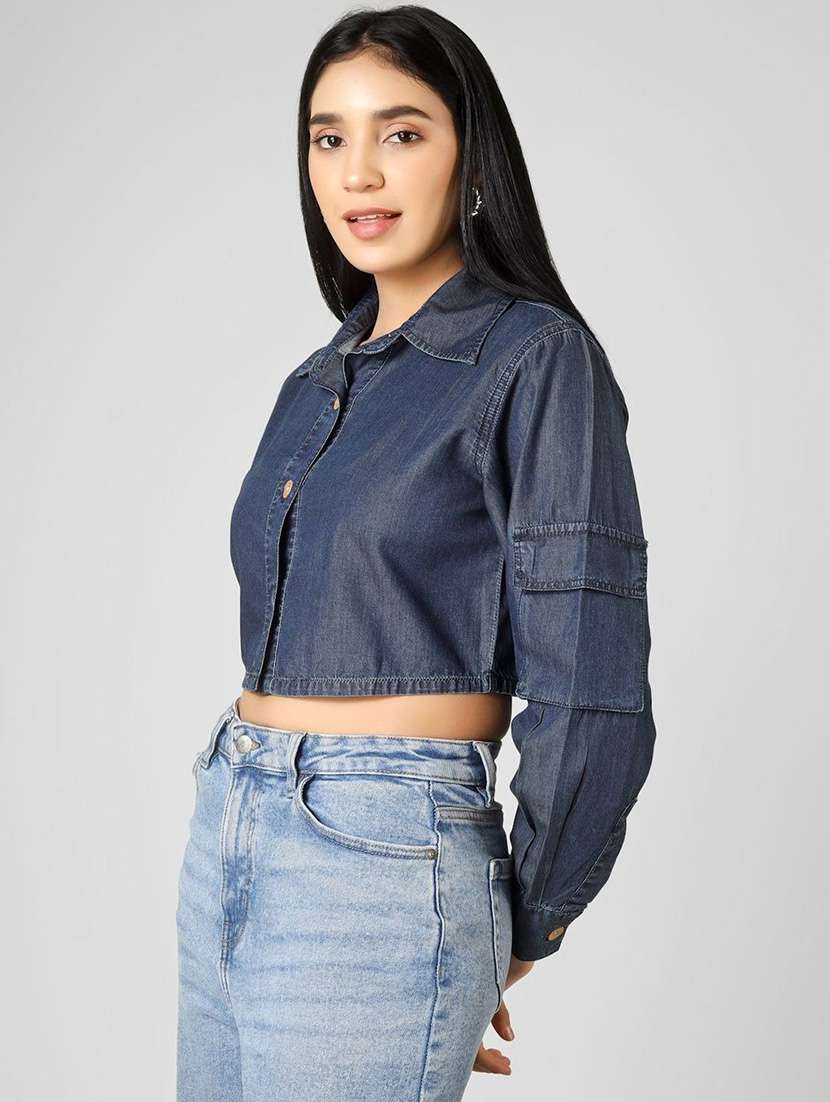 Women Solid Long Sleeve Crop Denim Shirt - 22465790 -  Standard Image - 3
