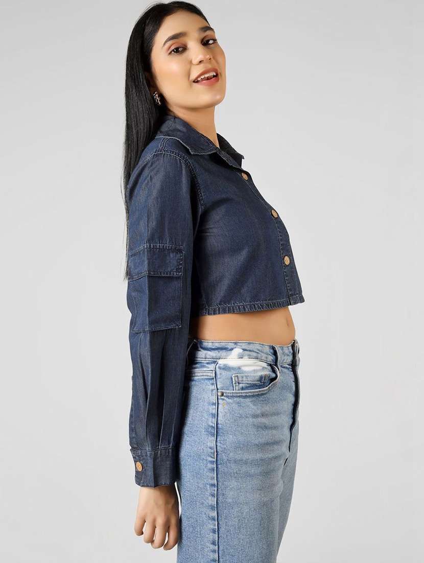 Women Solid Long Sleeve Crop Denim Shirt - 22465790 -  Standard Image - 5
