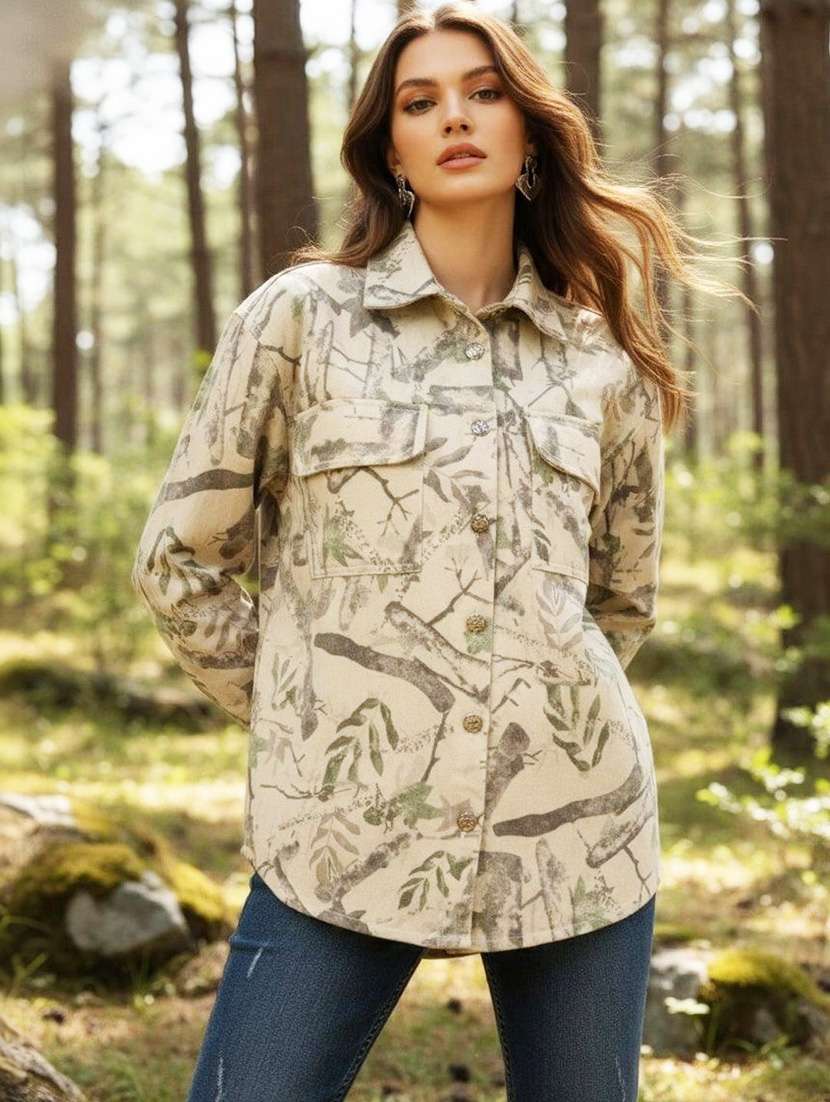 women printed collared long sleeve shirt