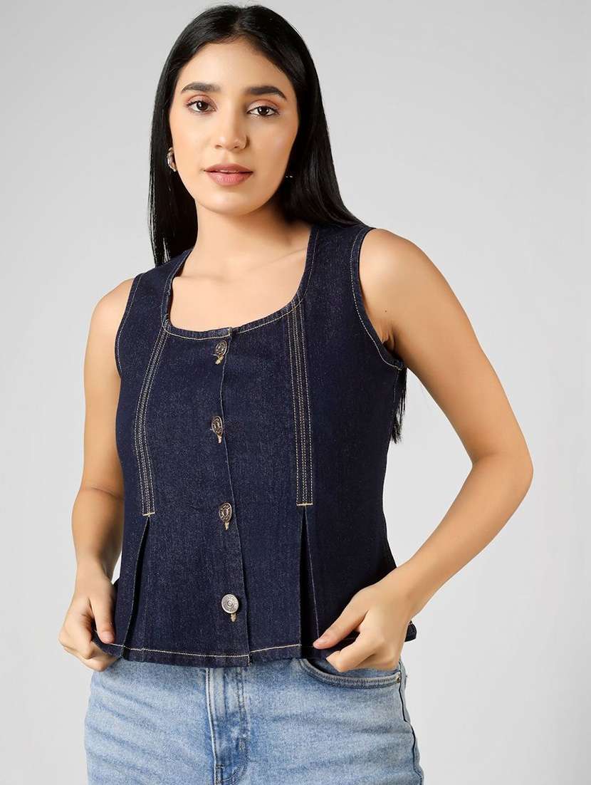 women solid navy blue cotton regular top