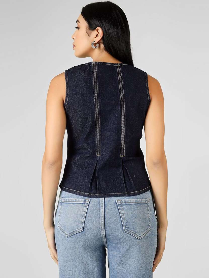 women solid navy blue cotton regular top - 22465912 -  Standard Image - 3
