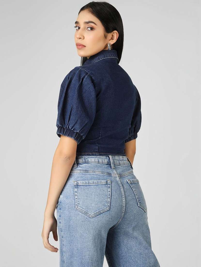 women solid blue cotton crop top - 22465913 -  Standard Image - 3