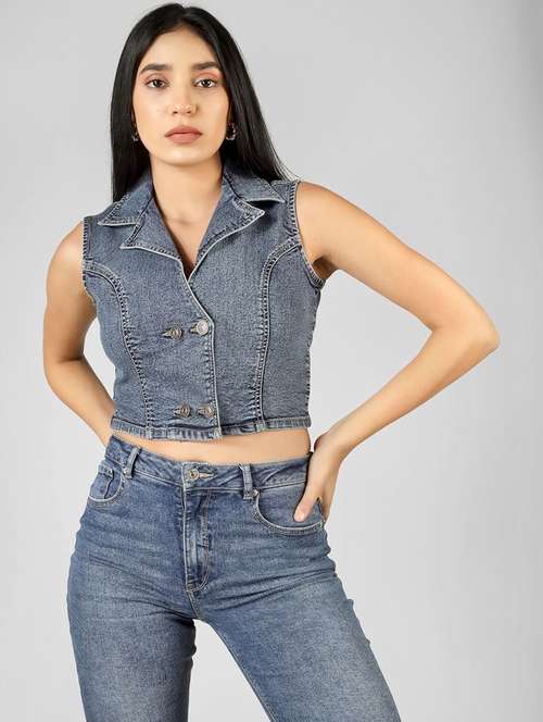 Women Solid Blue Cotton Crop Top
