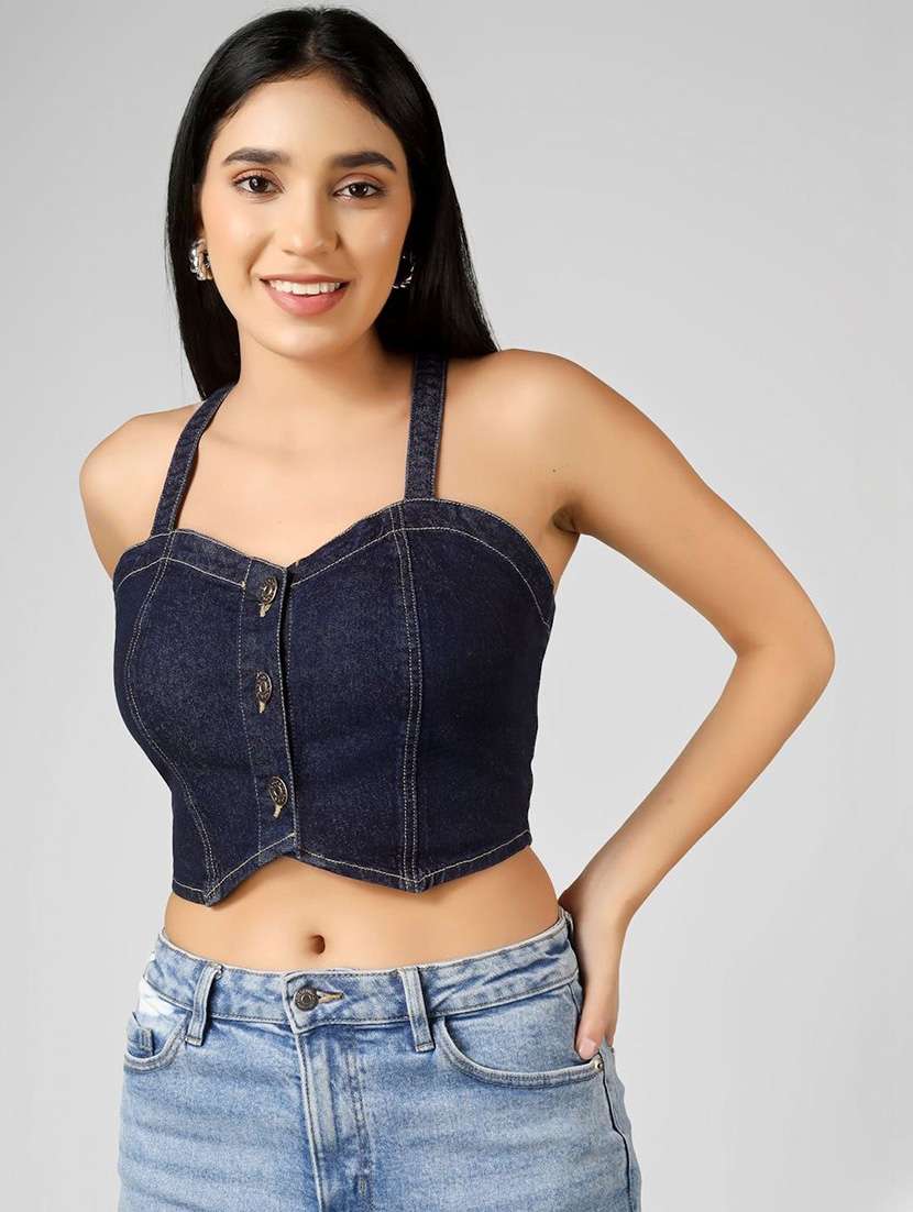 women solid navy blue cotton crop top