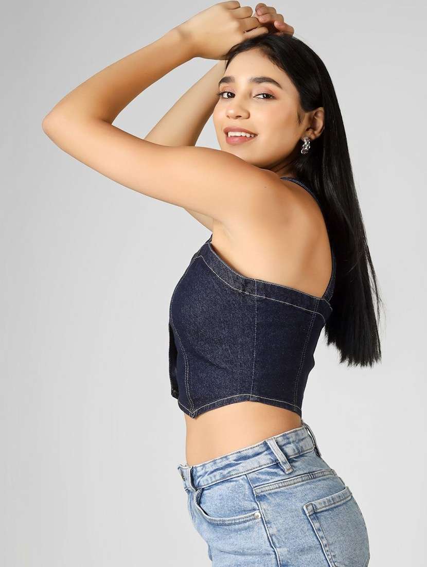 women solid navy blue cotton crop top - 22465916 -  Standard Image - 3