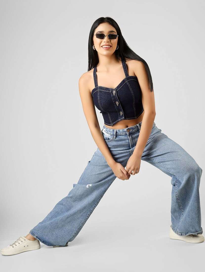 women solid navy blue cotton crop top - 22465916 -  Standard Image - 5
