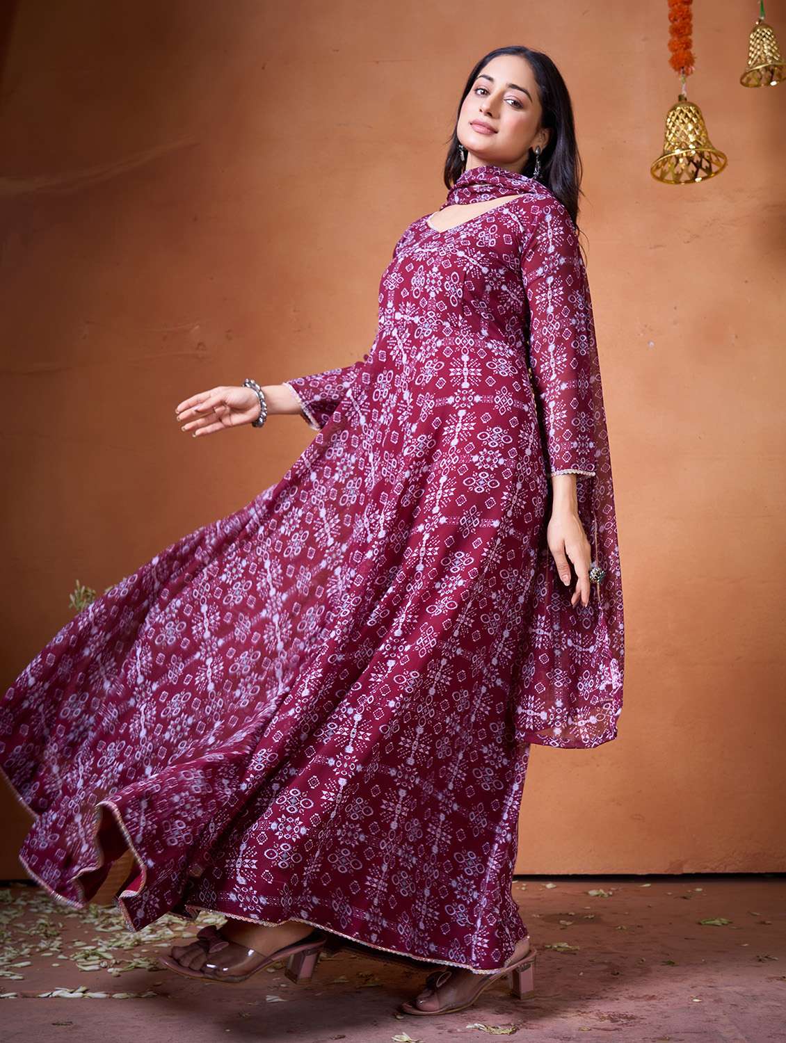women maroon georgette fit & flare gown - 22465919 -  Standard Image - 3