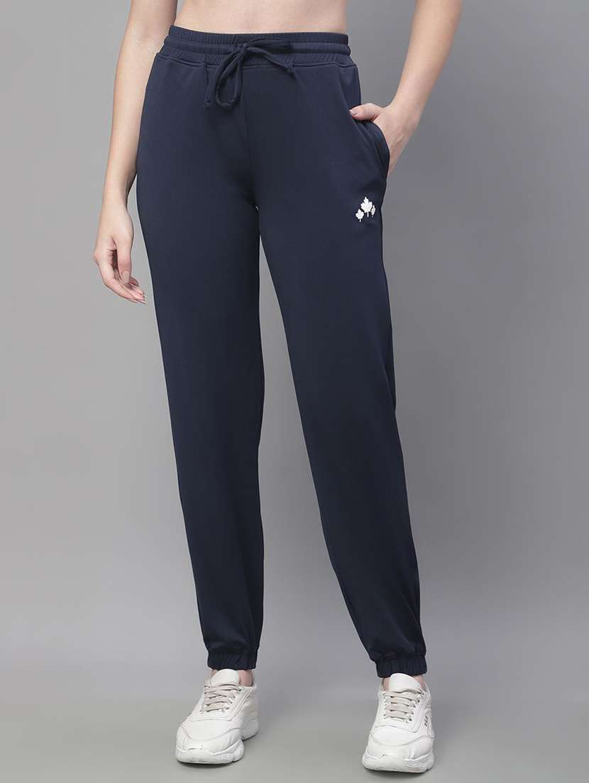 women blue cotton blend track pant
