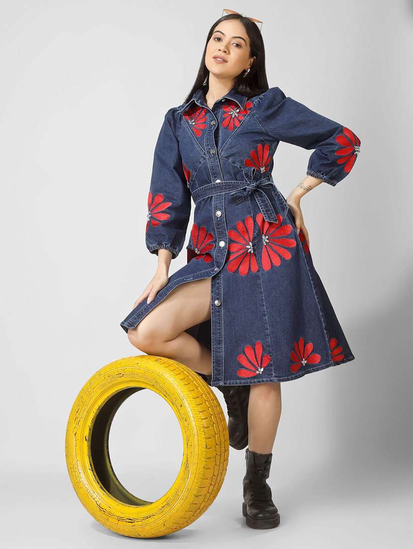 blue denim fit & flare dress