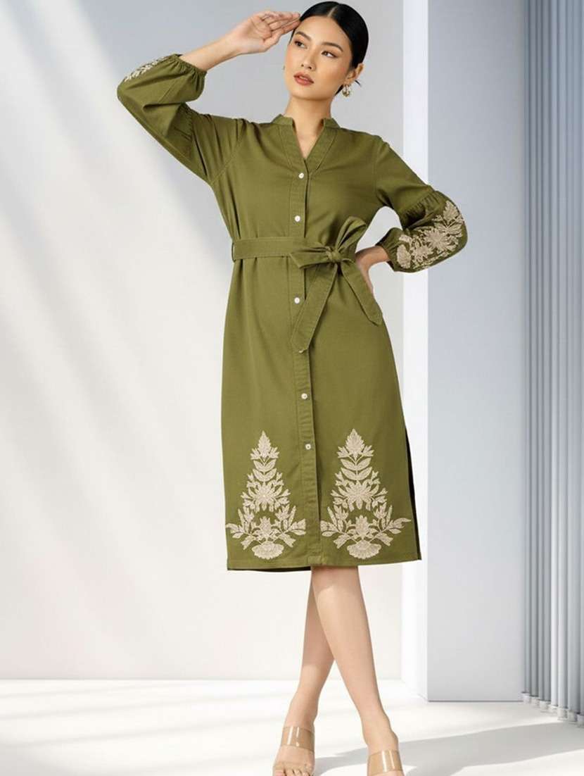 women olive cotton shirt dress