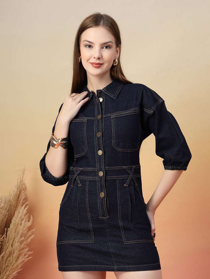 women navy blue denim sheath dress