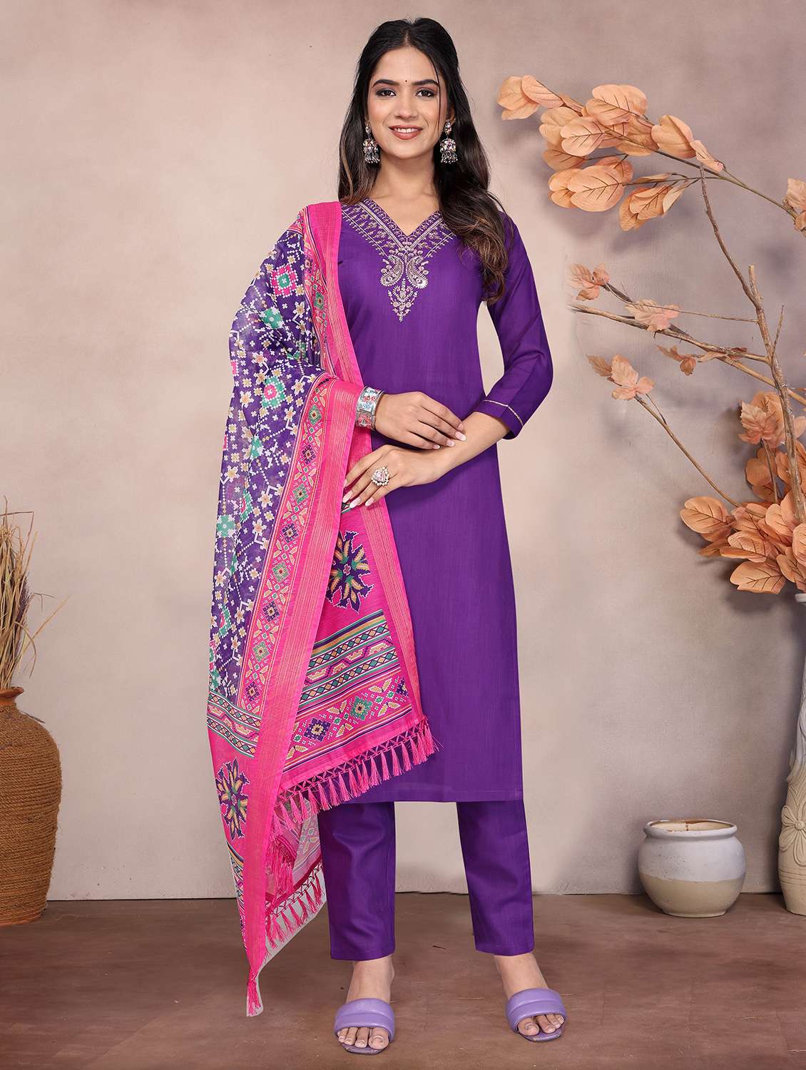 women purple kurta dupatta set