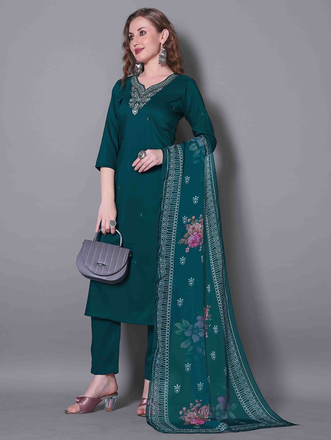 women printed blue kurta dupatta set