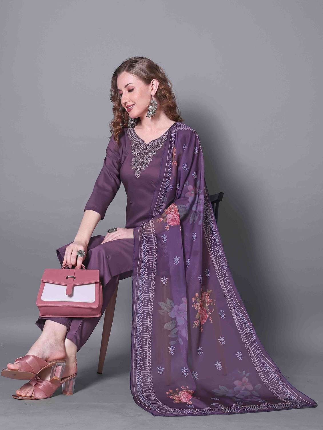 women self design lavender kurta dupatta set - 22466296 -  Standard Image - 3