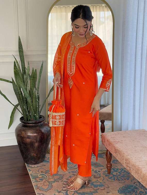 women solid with work three quarter sleeve kurta pant with dupatta set - 22466331 -  Standard Image - 3