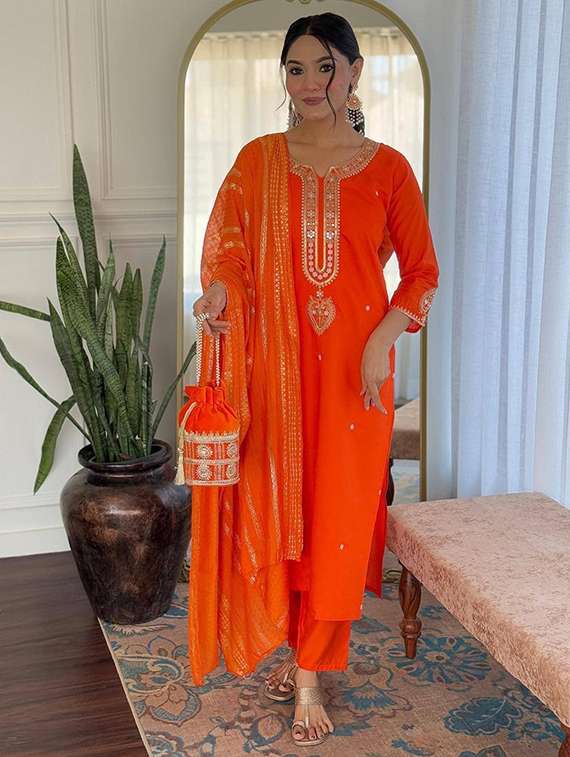 women solid with work three quarter sleeve kurta pant with dupatta set - 22466331 -  Standard Image - 5