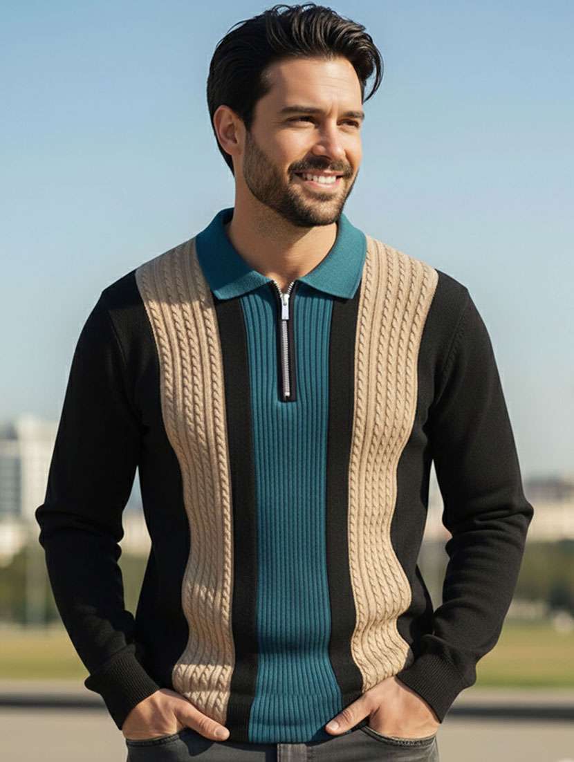 men color block long sleeve regular fit polo t-shirt