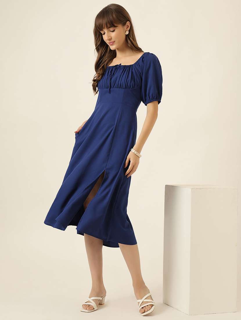 women solid puff sleeve a-line dress - 22467475 -  Standard Image - 3