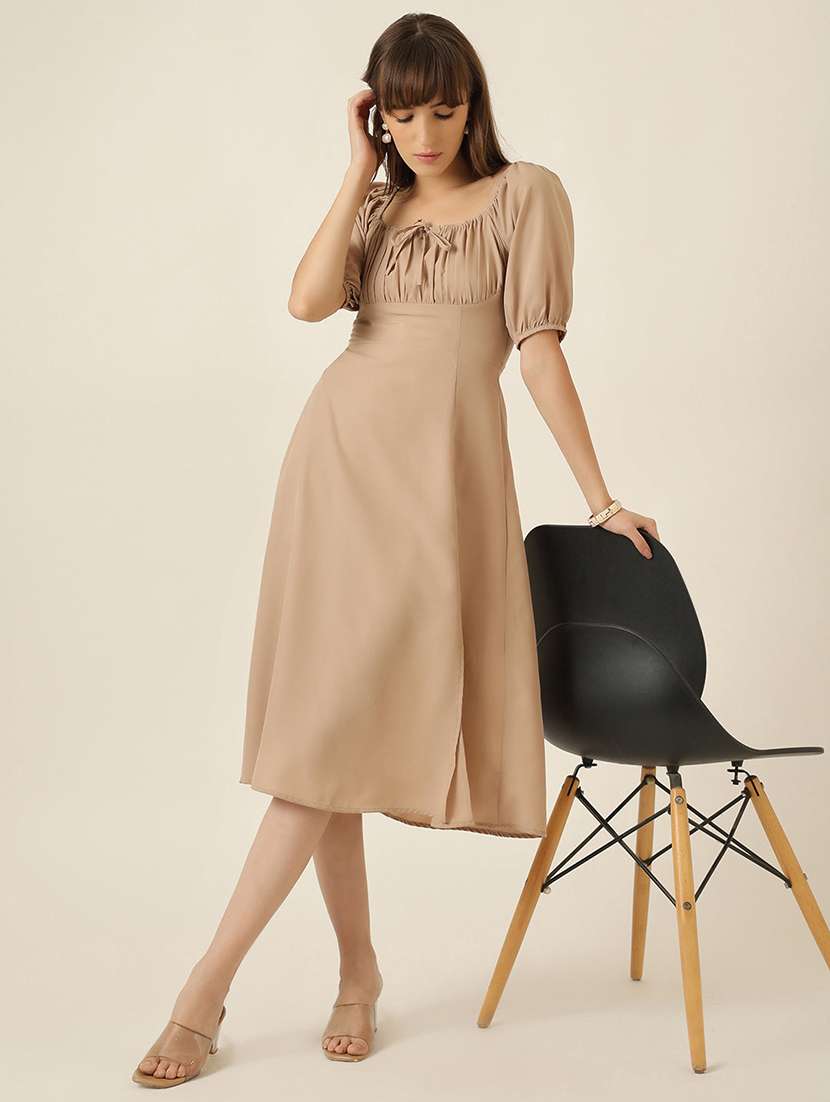 women solid puff sleeve a-line dress