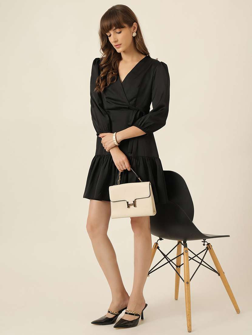 women solid puff sleeve tiered dress