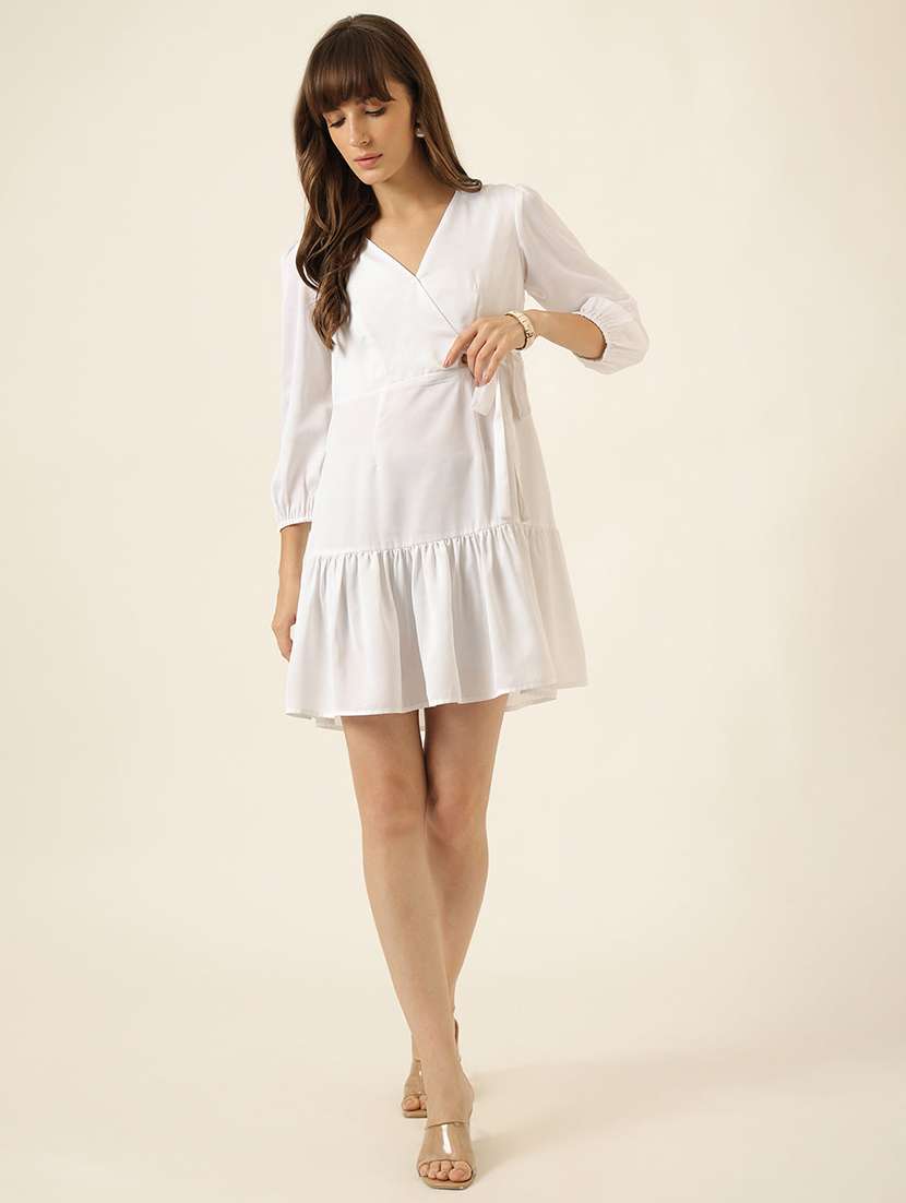 women solid puff sleeve tiered dress