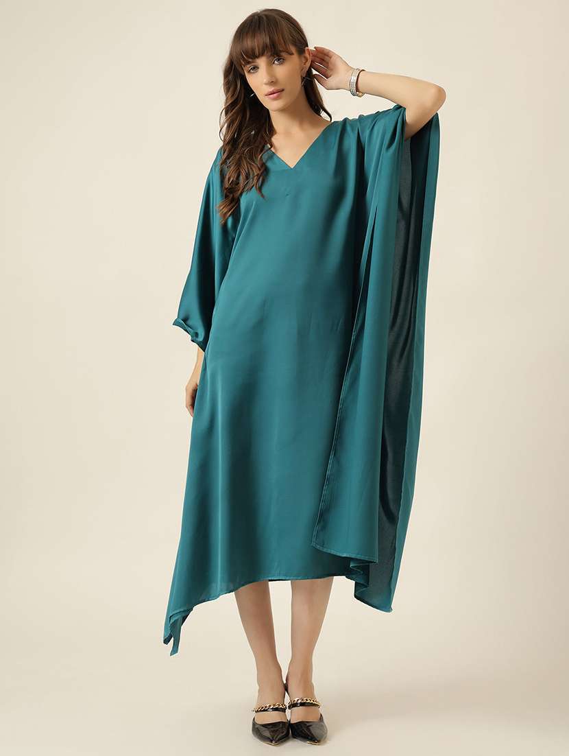 women solid kimono sleeve kaftan dress