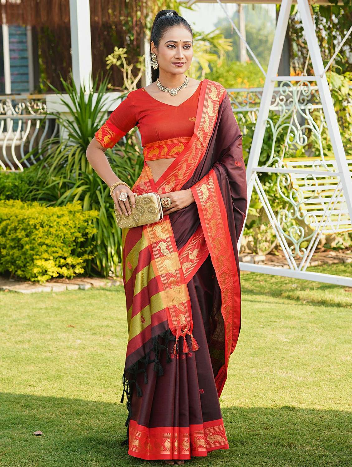 women self designed saree with attached blouse with blouse