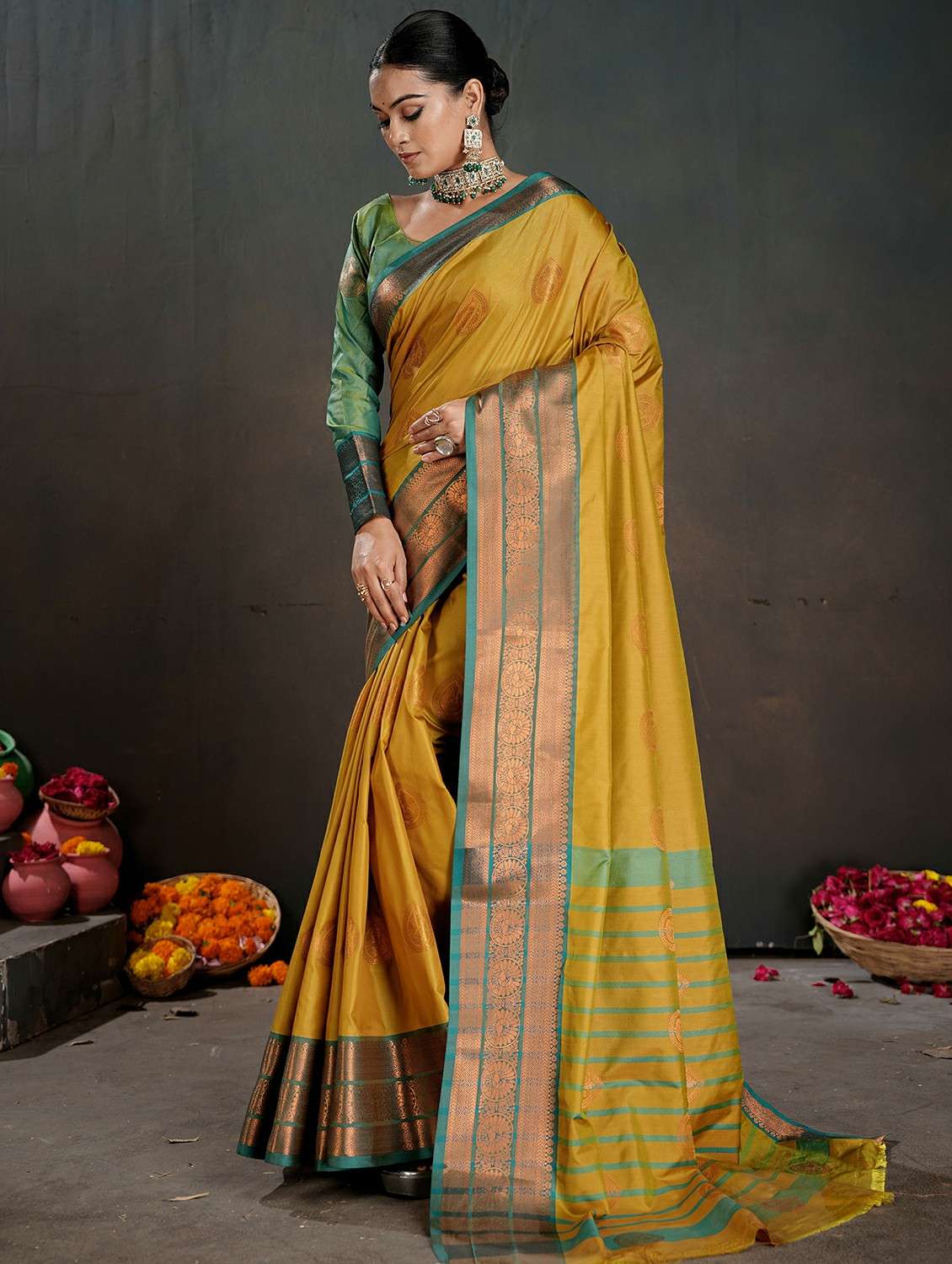 women mustard embellished saree with blouse