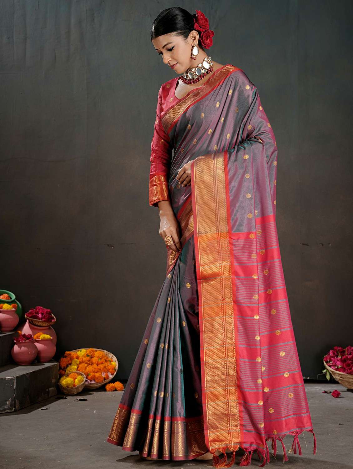 women embellished saree with blouse - 22467571 -  Standard Image - 3