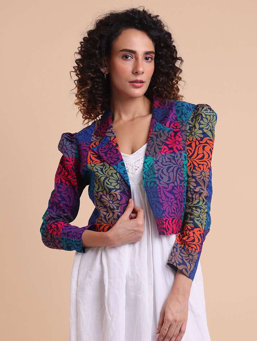women printed multi colored cotton crop shacket