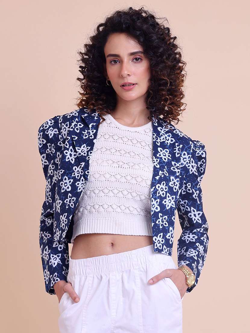 women floral blue cotton regular shacket