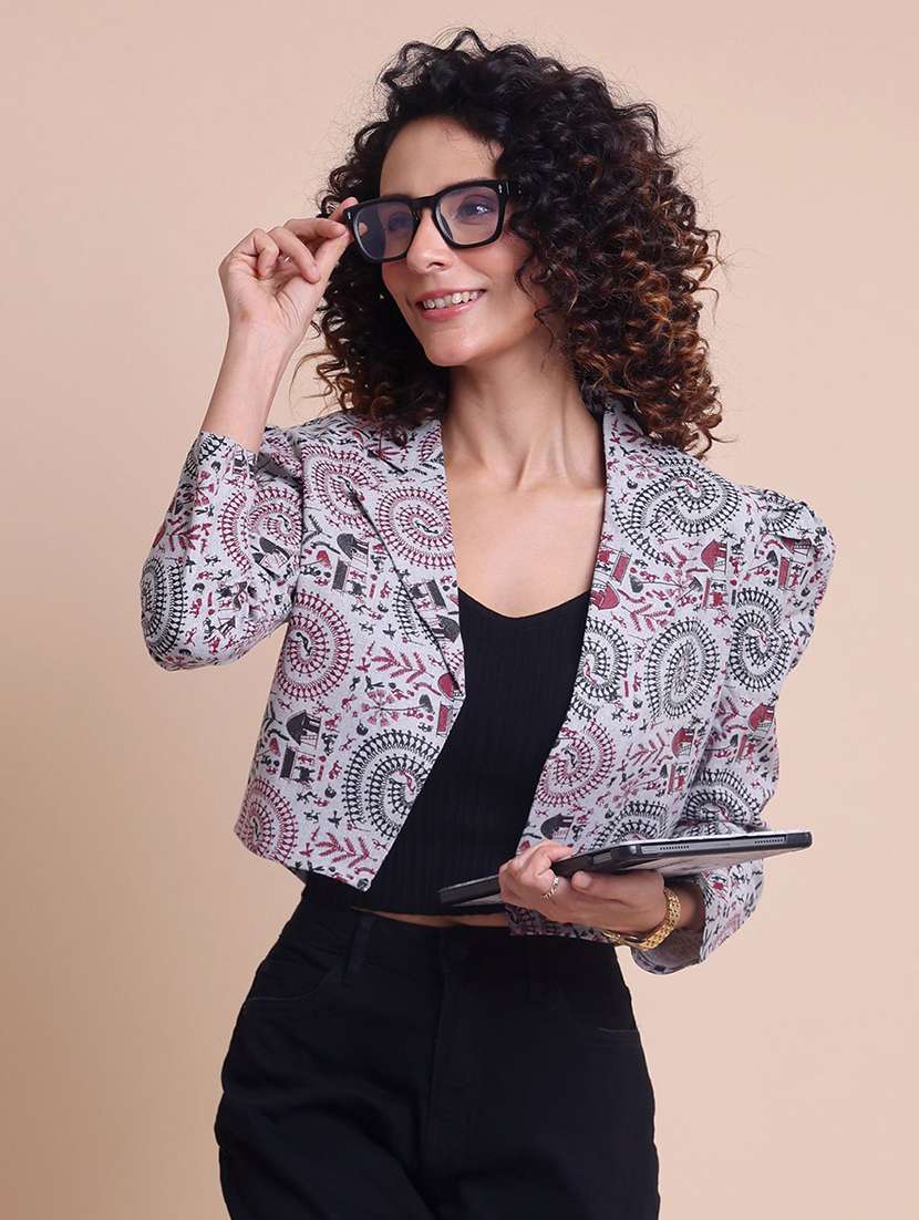 women printed multi colored cotton crop shacket