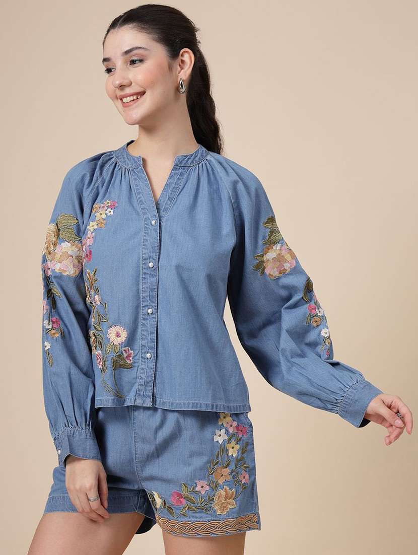 women blue cotton shirt & shorts co-ord set - 22467595 -  Standard Image - 3